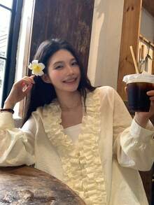 DAZY 女士清新长袖衬衫，春夏款 - 杏色 - 查看 7