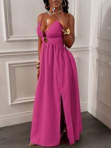 Glyssa Women's Sexy Spaghetti Strap Backless Criss-Cross Front Hollow U-Shaped Buckle Ruched Hem High Slit Dress - Hot Pink - View 3