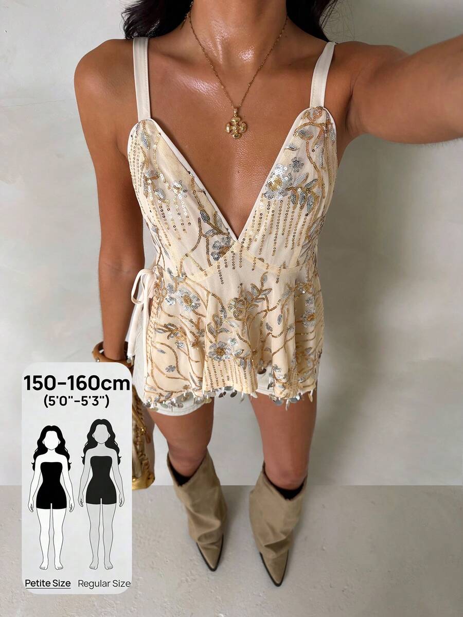SHEIN PETITE Apricot Sequin Embroidered Backless Adjustable Strap Petite Size Camisole With Side Slit Tie & Soft Lining Apricot Sequin Petite Camisole, Backless Embroidered Petite Top, Adjustable Strap Petite Tank, Side Slit Tie Camisole, Soft Lining Petite Top, Party Petite Top, Vacation Petite Camisole Apricot Sequin Embroidery With Shimmer Effect Backless Design + Adjustable Straps Petite Size Tailored For Shorter/ Smaller Frames Party, Vacation, Beach Date, Brunch Summer, Spring, Fall (Layered) - Apricot - View 1