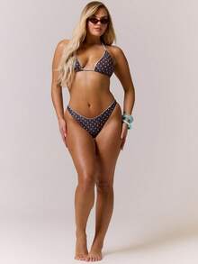 MUSERA Plus Size Polka Dot Contrast Triangle Bikini Top Only Spring Summer Vacation Holiday Cute Elegant Beach Swim Festival Ibiza - Multicolor - View 5