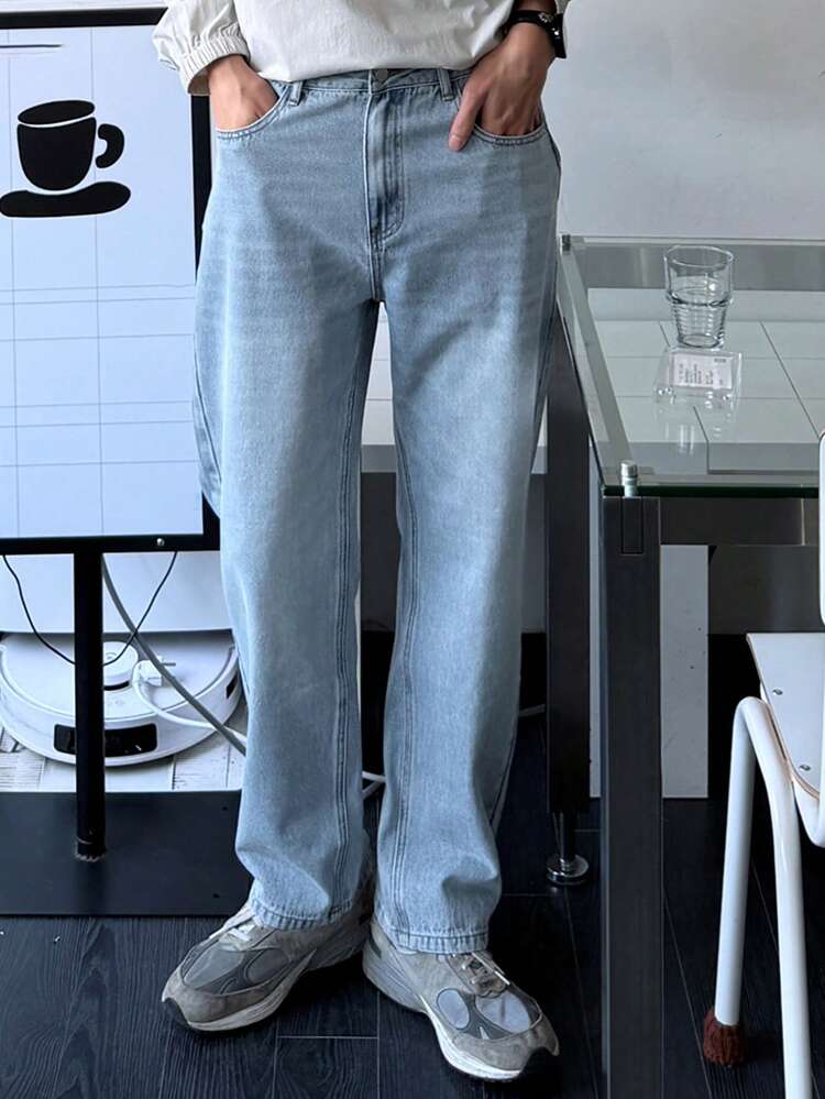 Men's Blue Fitted Distressed Denim Jeans, Suitable For Spring And Autumn