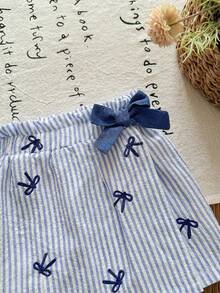 Váy/chân váy cạp chun kiểu túi giấy cho bé gái, thích hợp mặc đi nghỉ mát hoặc đi làm, có nơ và kẻ sọc. - Màu xanh lam - Xem 2