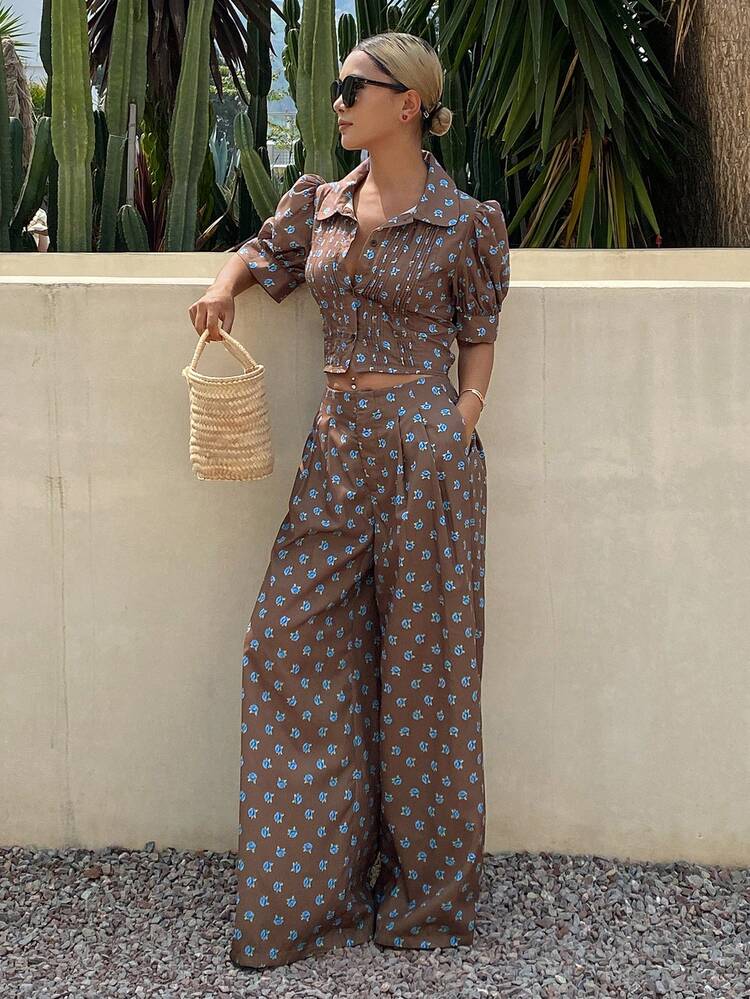 2pcs/Set Women's Ditsy Floral Pleated Shirt & Wide Leg Pants Casual Vacation Summer Outfit Boho