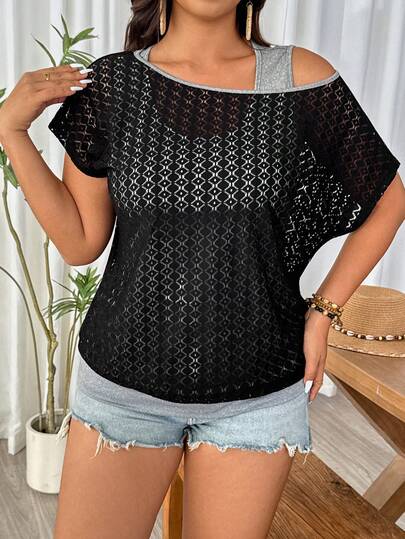 Elenzga 大码女式夏季透视蕾丝撞色拼接针织面料短袖不对称领休闲优雅舒适百搭二合一T恤