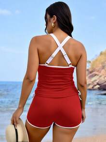 Swim SPRTY 大码女式撞色圆领可调节肩带交叉露背抽绳腰宽松上衣搭配高腰短裤，优雅性感休闲沙滩度假比基尼套装 - 紅色 - 查看 2