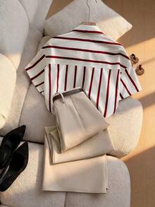 Franclia 新款条纹短袖衬衫搭配纯杏色长裤两件套，女士春夏装 - 彩色 - 查看 2