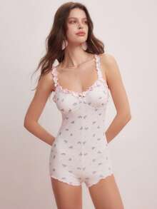 Women's Ditsy Floral Ruffle Strap Romper Pajama Bridallingerie - White - View 5