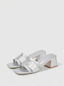 Giày sandal quai ngang mũi vuông đính đá cho nữ, thích hợp làm quà Giáng sinh - Bạc - Xem 2
