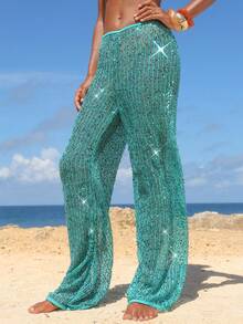 Opulessa Women's Summer Vacation Beach Sequin Cover-Up & Pants Set - Mint Green - View 3