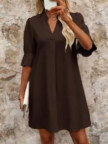 SHEIN Clasi Vestido de manga media con cuello en pico de unicolor minimalista, adecuado para el verano, talla grande - Marrón - Ver 3