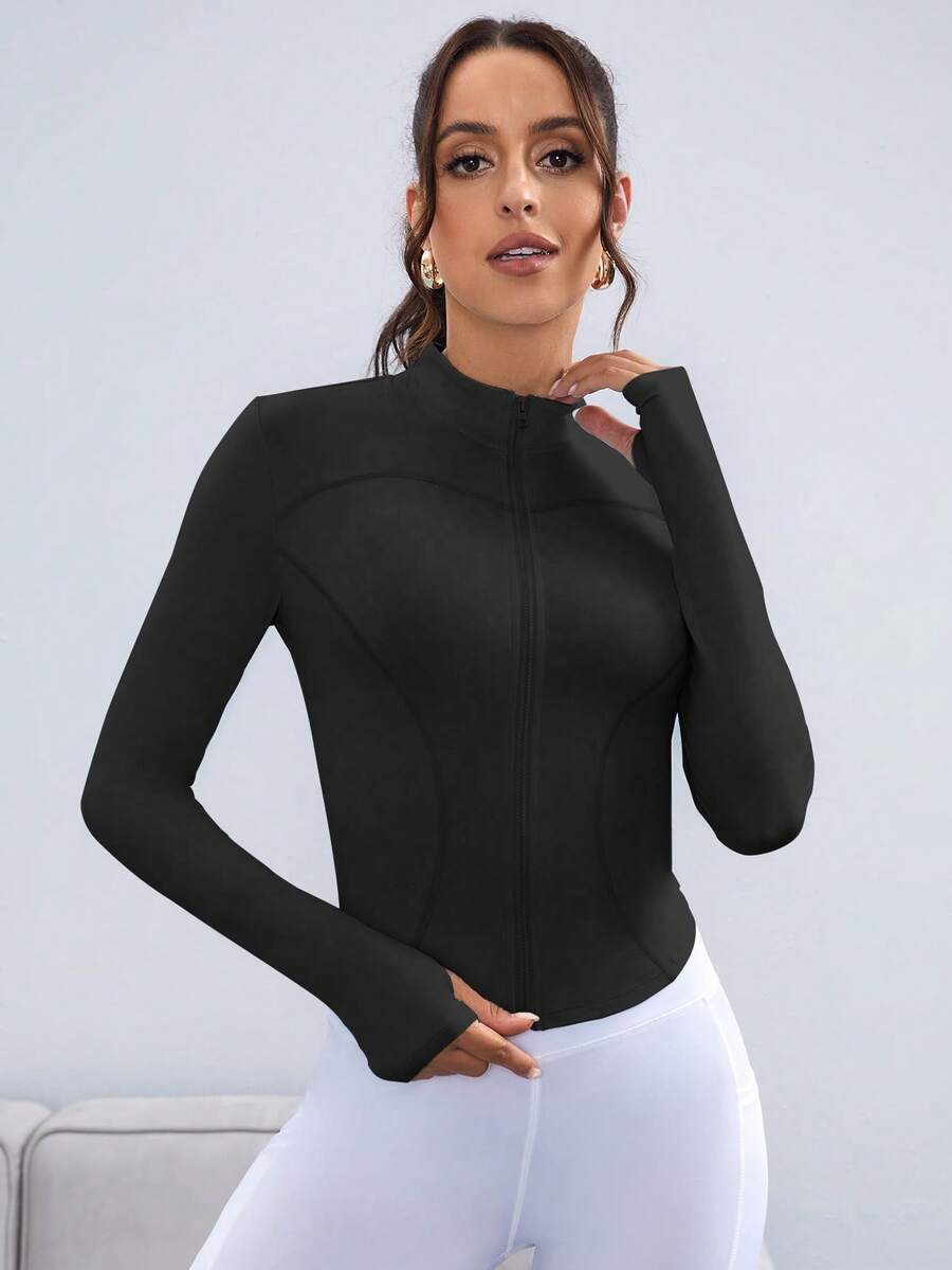 Easithlete Solid Stand Collar Thumb Hole Sports Jacket - Black - View 1
