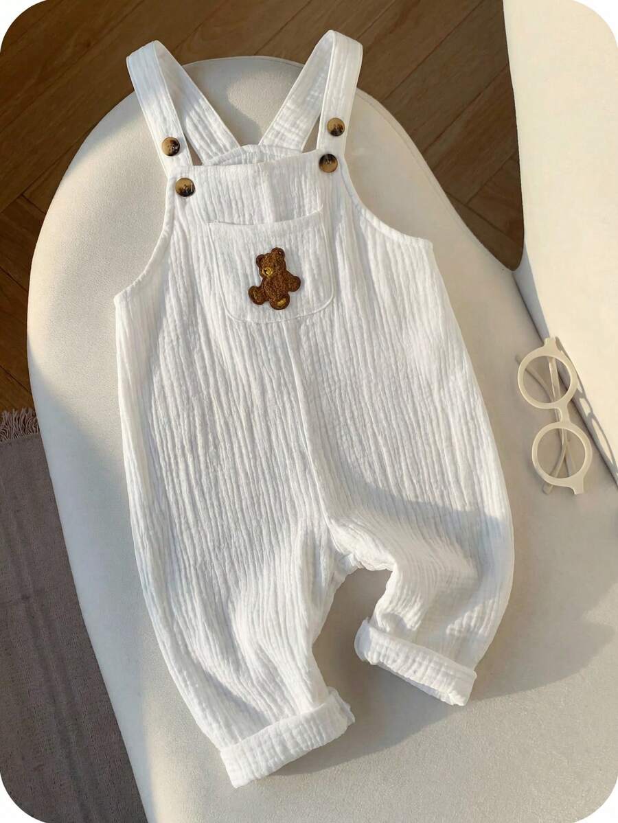 SHEIN Newborn Baby Boy Cute Summer Vacation Casual Versatile Beige Cartoon Bear Pattern Bib Pants - Multicolor - View 1