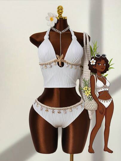 Zestiva Bộ bikini nữ gợi cảm với dây đeo mảnh, chất liệu vải dệt họa tiết, điểm nhấn là họa tiết ngôi sao và vỏ sò, cùng mặt dây chuyền hình sao biển bằng kim loại, thích hợp cho mùa xuân/hè.