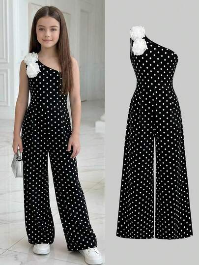 SHEIN Girlism Tween Girl Casual Elegant Black Polka Dot Asymmetric Shoulder Fitted Jumpsuit With 3D Floral Decor, Suitable For Party, Gathering, Wedding, Spring/Summer Wear, Holiday Dress