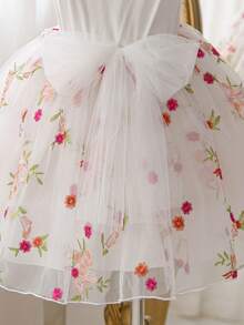 Glamorique Kids 女童花卉刺绣公主裙，柔软薄纱泡泡袖花童礼服，适合生日派对、婚礼、春夏穿着，也适合拍照 - 白色 - 查看 7
