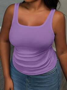 Slaydiva Women Plus Size Basic Deep V-Neck Sleeveless Slim Fit Ribbed Ruched Side Camisole Tank Top, White Semi-Sheer - Mauve Purple - View 2