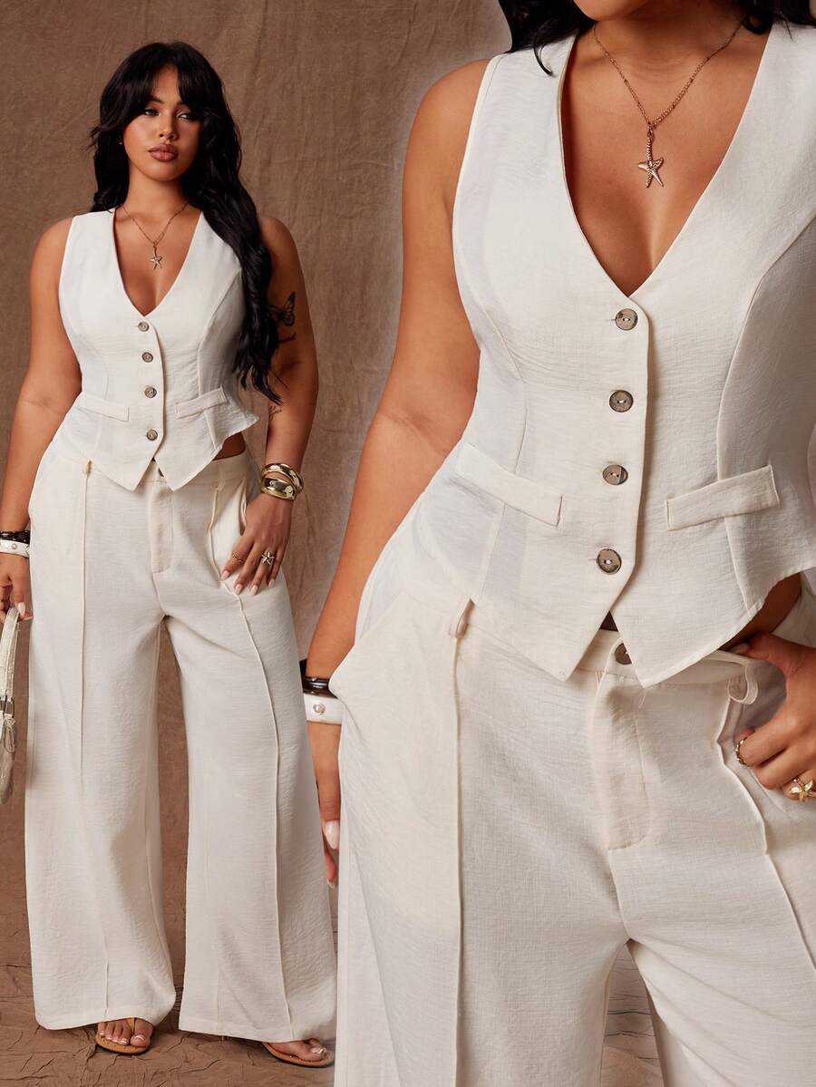 Rustia Conjunto de 2 piezas de talla grande para mujer, estilo vintage primavera/verano, cómodo, con cuello en V francés, romántico, de alta gama: chaleco ceñido + pantalones de pierna ancha con cintura elástica alta, adecuado para salidas diarias, temporada de regreso a clases, fiestas de regreso a clases, atuendo de oficina, conjunto de traje, adecuado para primavera y verano - Albaricoque - Ver 1