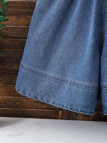 少女休闲牛仔背带裤和连体裤，新款简约百搭破洞浅蓝色水洗牛仔背带短裤 - 藍色 - 查看 8