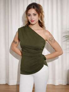 Ananda Vibes 1pc Women's Asymmetrical Neck Solid Color Stylish Top Suitable For Summer - Army Green - View 1
