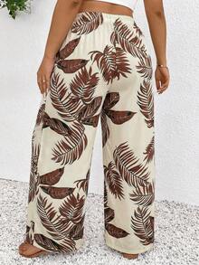 SHEIN Frenchy Plus Size Women's Tropical Plant Print Drawstring Loose Wide Leg Pants - Brown - View 2