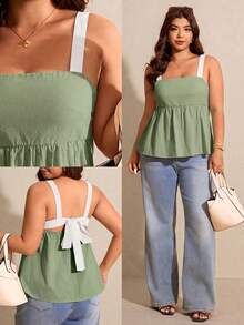 Elaquor Plus Size Summer Casual Contrast Color Strap Camisole - Mint Green - View 1