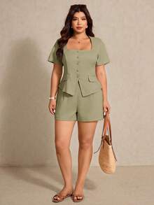 Elaquor Plus Size Elegant Office Wear Shirt And Shorts Set, Summer - Green - View 4