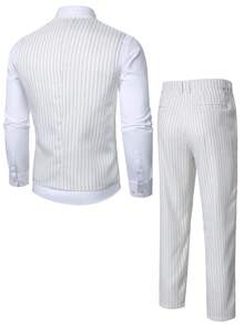 Manfinity Mode Men's Fashion Striped Single-Breasted Vest And Casual Pocket Pants Set - White - View 2