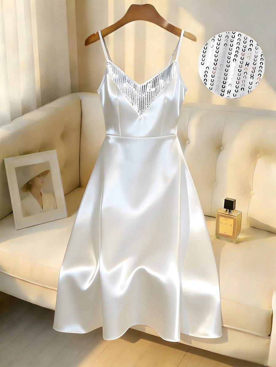 Franclia Women's Casual V-Neck Sequin Patchwork Satin White Camisole A-Line Dress Sequin Detail Dress Spaghetti Strap Dress For Women Elegant Party Dresses For Women Elegant - White - View 1