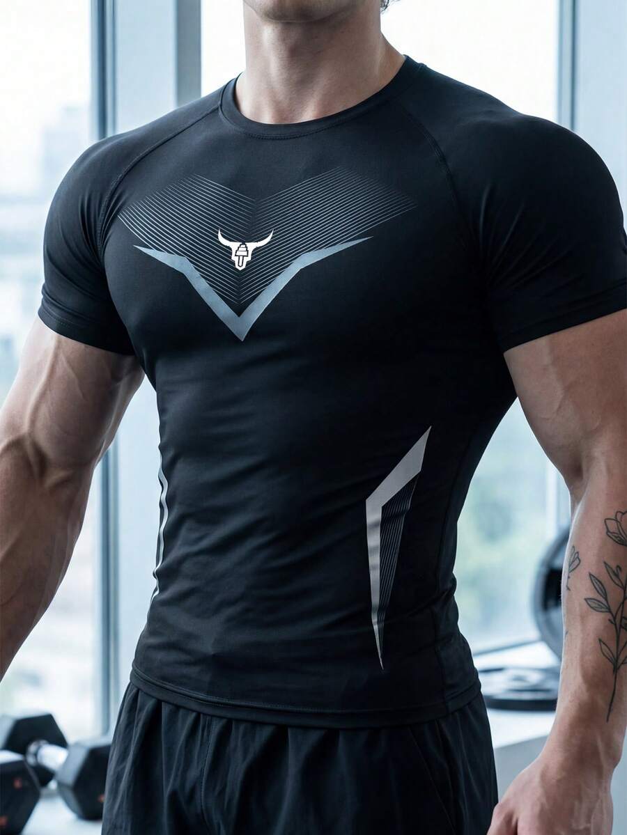 GymBeat 男士反光条纹短袖修身运动T恤,健身 - 黑色 - 查看 1