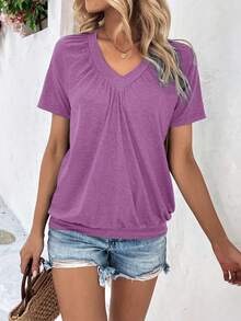 EMERY ROSE Women's Solid Color Minimalist Pleated V-Neck Short Sleeve T-Shirt, Versatile For Daily Wear - Purple - View 5