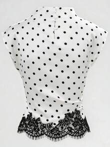 GlowEve 女士黑白立领不规则荷叶边波点蕾丝拼接优雅休闲通勤日常夏季新款女式衬衫/女式上衣 - 杏色 - 查看 2