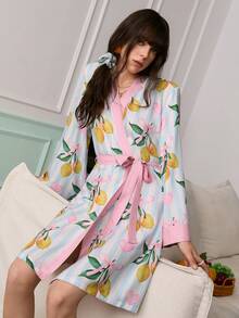 Chillnights Young Energetic Interesting Fruit Lemon Heart Striped Print Short Women Robe Robes For Women Floral Robe Summer Set For Woman Silk Robe Women Set Tropical Dress For Women Pyjama Robe Pyjamas Set Women Ladies Pyjama Set Home Clothes For Women Spring Outfits For Women Pijamas Summer Set For Woman Pijama Party Set For Ladies Gown Sleepwear For Women Spring Outfits For Women Dresses - Multicolor - View 4