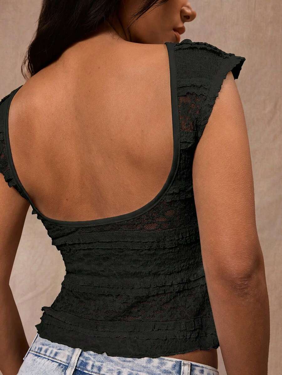 Opulessa 女士优雅纯色蕾丝露背上衣,夏季 - 黑色 - 查看 1