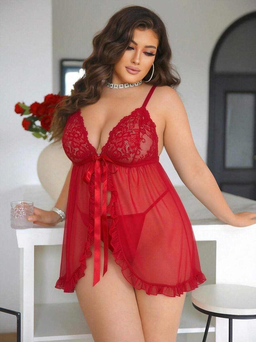 SHEIN 2pcs Plus Size Sexy Lace & Mesh Lingerie Set, Wireless Bra - Red - View 1