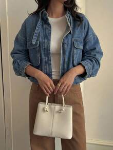 FRIFUL Women's Casual Washed Denim Jacket With Stand Collar Cropped Denim Jacket Crop Jean Jacket Women Jean Jacket Oversized Jean Jacket Jean Jacket - Blue - View 10