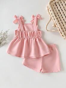 SHEIN 2件套女婴幼儿/新生儿0-3岁休闲日常可爱度假条纹蝴蝶结装饰吊带背心+短裤套装，春夏款 - 粉色 - 查看 2