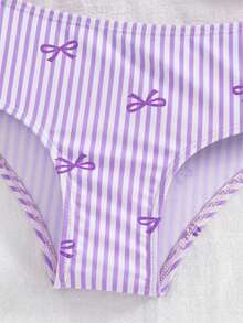SHEIN Young Girl Striped Bow & Floral Print Decorated Swimwear Set - Purple - View 6