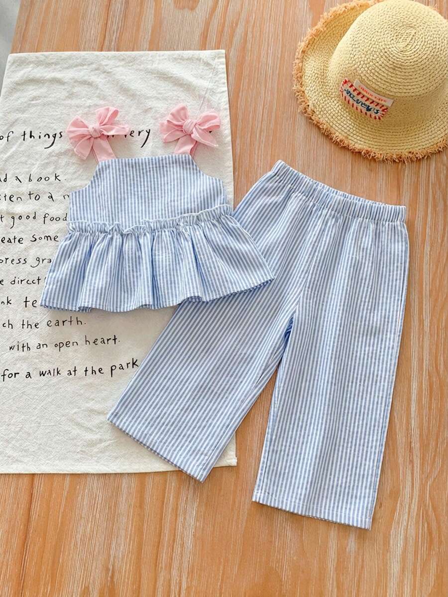 SHEIN LMoss Kids LMoss Babyflickor Sommar Söt Randig Linne Och Resårmidja Byxor 2 Delat Set - Multifärgad - Visa 1