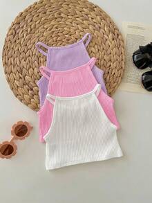3pcs Baby Girl Summer Casual Vacation & Daily Wear Solid Color Ribbed Knit Halter Top - Multicolor - View 2