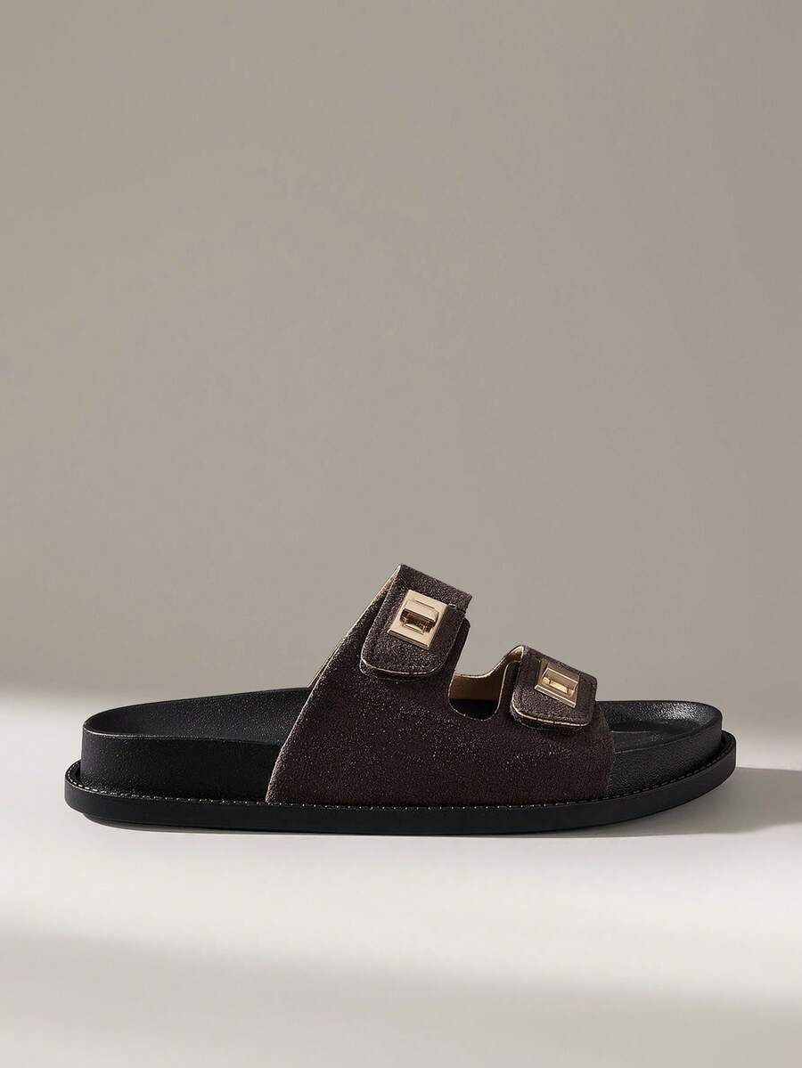 Sandalias planas de mujer para primavera y verano, nuevas, de punta redonda, suela plana, de ocio y vacaciones, simples y cómodas, color café oscuro, sandalias de playa - Café integral - Ver 1