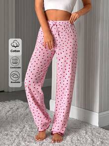 SHEIN Cotton Pink Striped With Strawberry Pattern With Fake Drawstring Detail Long Pants Homewear Comfort Casual Women Sleep Bottom - Pink - View 1