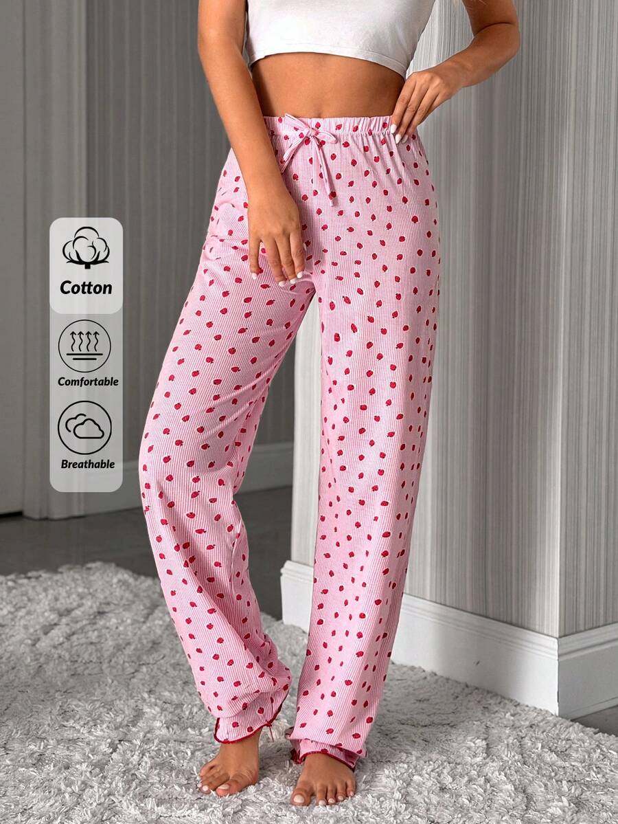 SHEIN Cotton Pink Striped With Strawberry Pattern With Fake Drawstring Detail Long Pants Homewear Comfort Casual Women Sleep Bottom - Pink - View 1