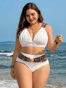 Swim Lushoire Plus Size Women Beige Wavy Pattern Bikini Set, Triangle Top And Bottom, Beach Vacation Swimwear - Multicolor - View 3