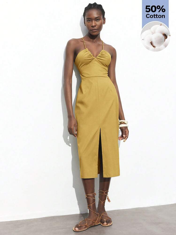 SHEIN Maija New Summmer Mustard Yellow Adjustable Spaghetti Strap Cinched Waist Ruched Front Slit Linen Feel Dress,Elegent Brunch Vacation Party Valentine's Day