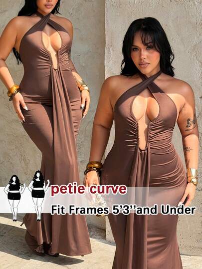 SHEIN PETITE CURVE Plus Size Women's Vintage Brown Sexy Deep V-Neck Spaghetti Strap Backless Ruffle Maxi Dress, Suitable For Concerts, Clubs, Date Nights, Streetwear, Elegant Formal Occasions, Graduation Parties, Carnivals, Birthday Parties, Ideal For Spring/Summer Beach Vacations
