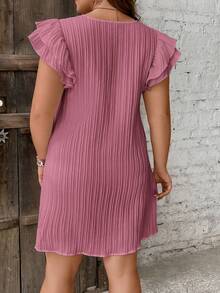 SHEIN Frenchy Đầm nữ cỡ lớn màu trơn cổ tròn tay bèo nhún kiểu dáng thường ngày - Màu Hồng  Dưa hấu - Xem 2