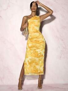 Glamine Vestido largo de mujer con un hombro, fruncido y abertura, teñido con tinta, para vacaciones - Amarillo - Ver 4