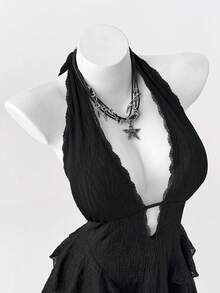 Sunspun Modisches Mesh-Minikleid mit V-Ausschnitt - Schwarz - Übersicht 6