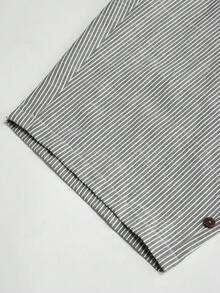SHEIN LUNE CURVE 大码女式春夏亚麻条纹休闲舒适基础款条纹裤，日常/海滩穿着七分裤，带纽扣装饰 - 淺灰色 - 查看 4