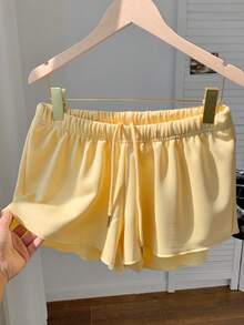 Comfortcana 大码纯色弹力腰宽松休闲百搭短裤，柔软舒适，适合春夏穿着，黄色 - 黃色 - 查看 1